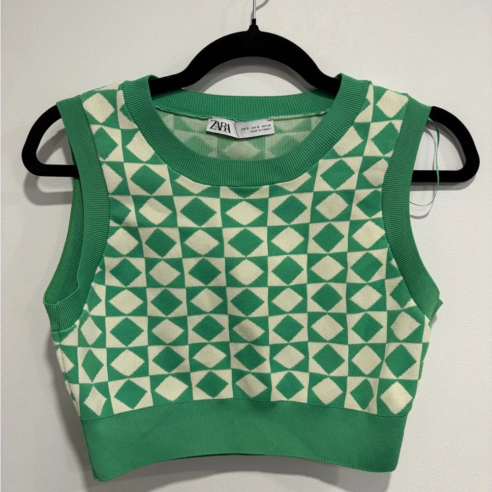 Zara Green Geometric Knit Crop Top Sleeveless Sweater Vest Retro Y2K Size S - Picture 2 of 9